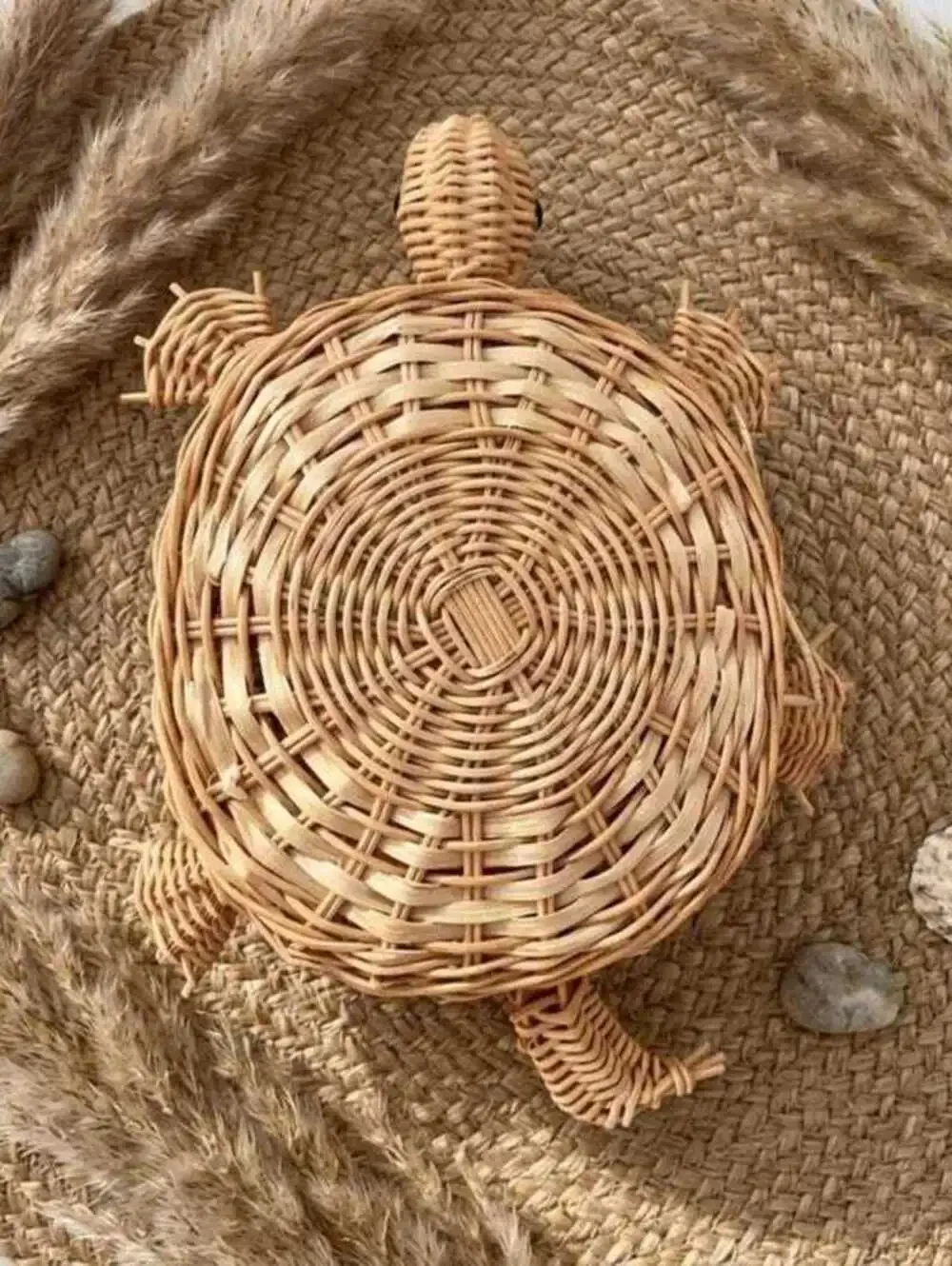 Vintage Wicker Turtle Basket with Black Bead Eyes, Mid-Century Handmade Rattan